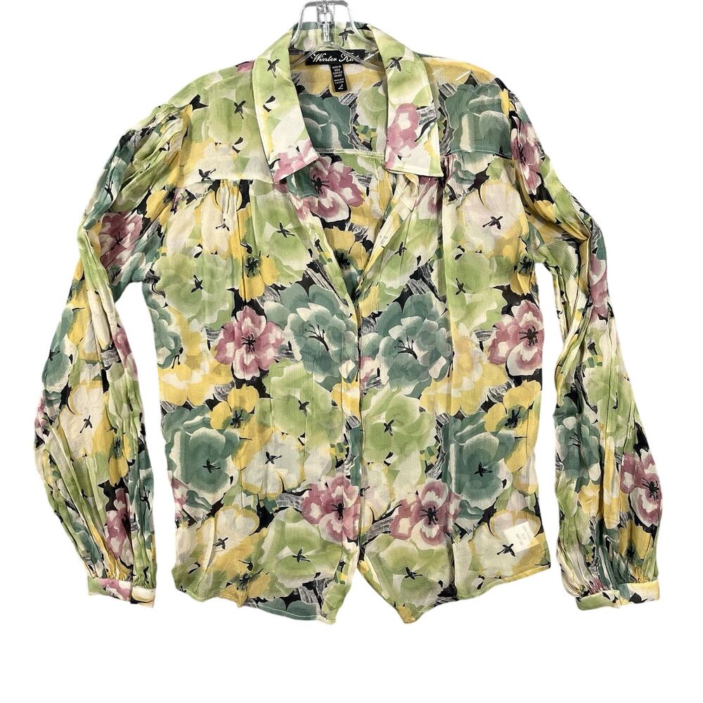 WINTER KATE Vtg SILK (Lg) loose top blouse sheer white green ivory pink sleeve‎